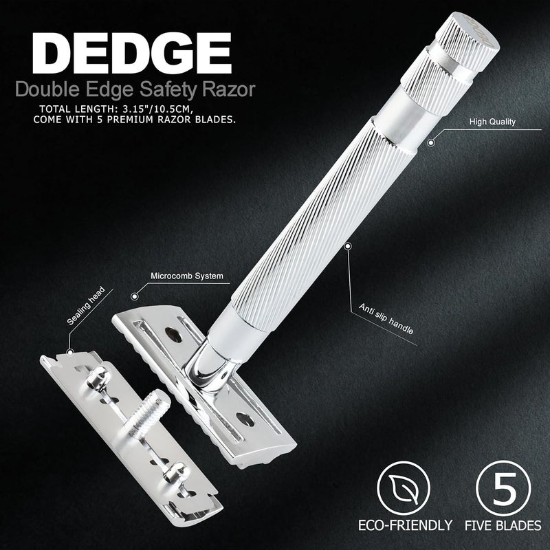 DEDGE Classic Double Edge Safety Razor Single Blade Razor For Men, Reusable Razor, with 5 Premium Razor Blades -Chrome - Image 5